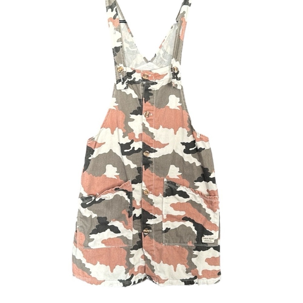 Zara kids, pink and tan gray camo camouflage overalls dress 13-14